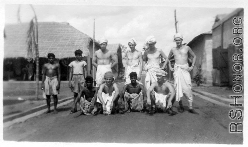 Men of 2005th Ordnance Maintenance Company, 28th Air Depot Group, dressing up as local men in India. During WWII.