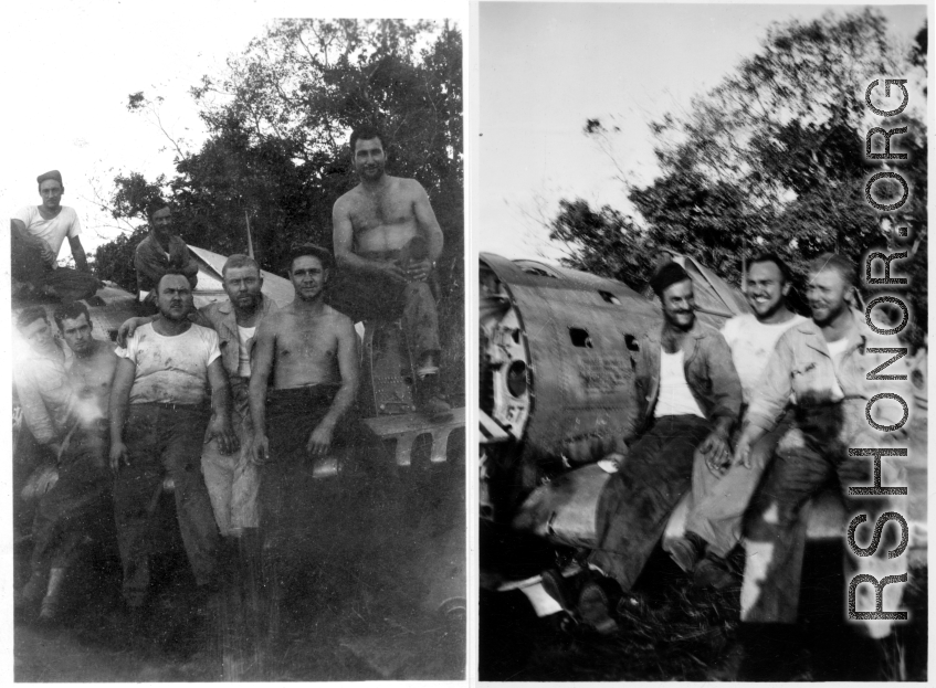 The boys hanging out on remains of fighter plane.  Likely in Burma. 2005th Ordnance Maintenance Company,  28th Air Depot Group.