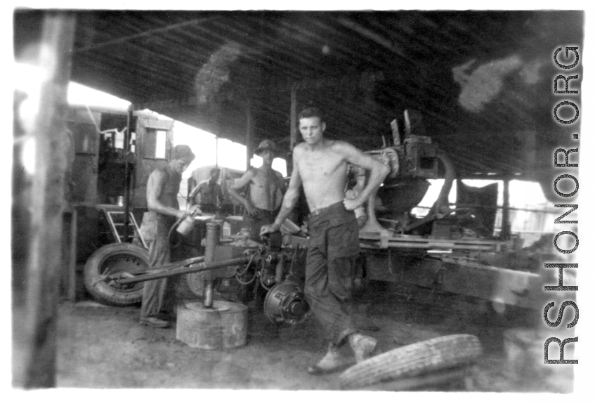 Men of the 2005th Ordnance Maintenance Company,  28th Air Depot Group, working on an anti-aircraft gun in Burma. During WWII.