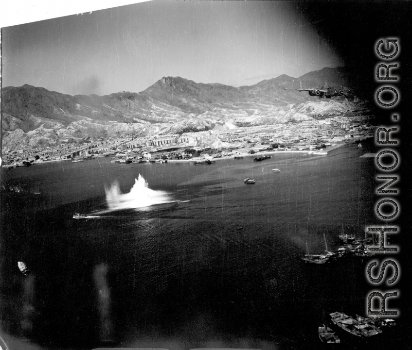 Bomb explosion on a mission on Hong Kong, 491st Bomb Squadron. Victoria Harbor, Hong Kong, October 16, 1944 Extracted from "The Record – 11th Bomb Squadron" Created by Squadron Personnel in 1945