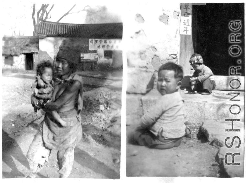 Destitute woman and child; Children playing before doorway. SW China.  During WWII.