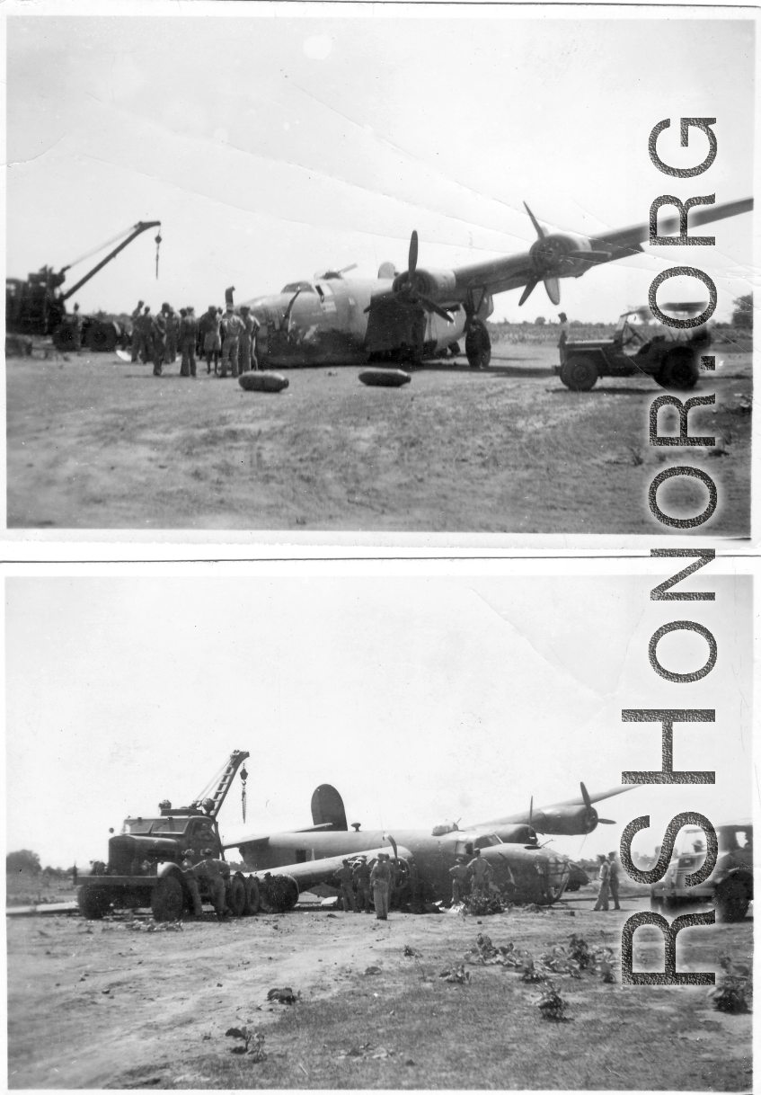 Salvage of a broken B-24 "WE'REWOLVES", crashed on take-off crash on March 20th, at Panagarh. Upon crash, live bombs were spewed out of the bomb bay. Fortunately the arming pins were still in the fuses. Speculation of some was that the accident was caused by loss of lift due to the negative angle of attack caused by a high speed take-off.