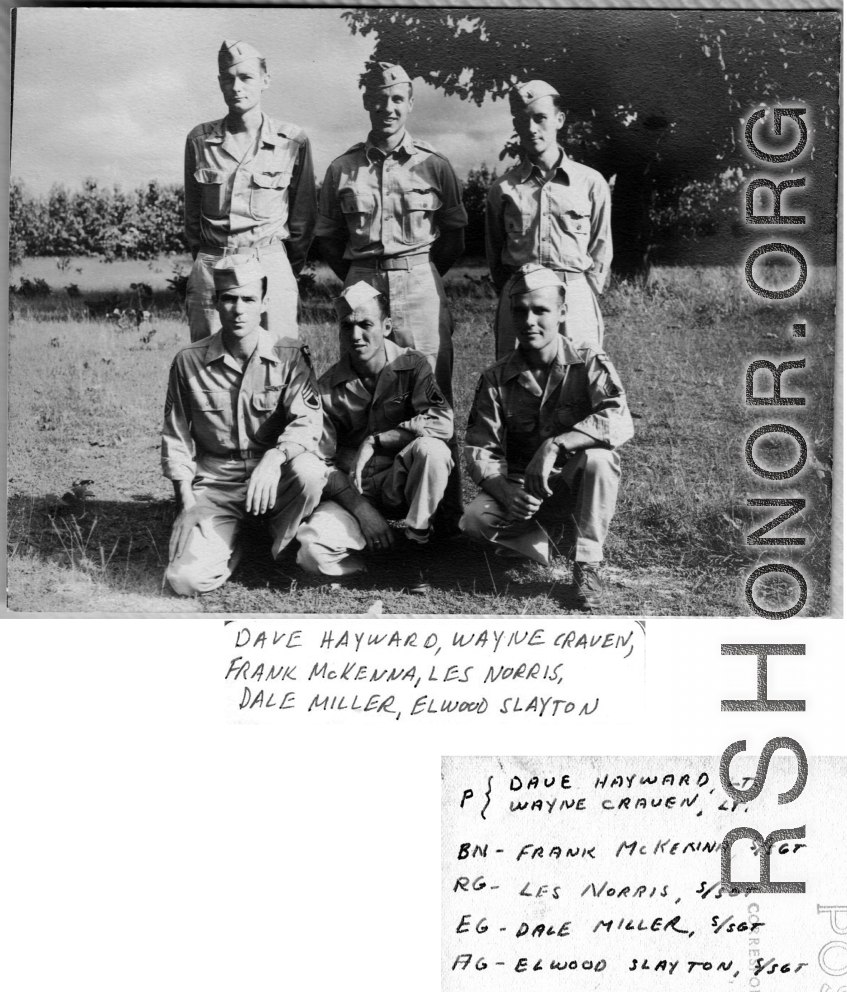 B-25 crew poses in field.   Dave Hayward, Wayne Craven, Frank McKenna, Les Norris, Dale Miller, Elwood Slayton.  22nd Bombardment Squadron, in the CBI.