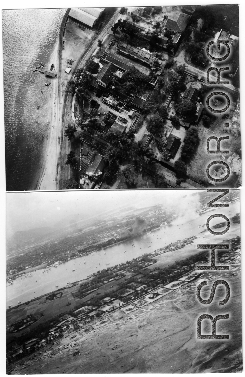 Aerial view of bombing of Tourane, Indochina, by 22nd Bombardment Squadron in the CBI.