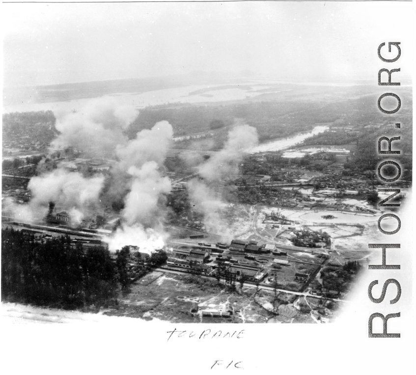 Low altitude bombing at Van Trai Marshalling yards, in Tourane (now Da Nang), French Indochina.  22nd Bombardment Squadron.