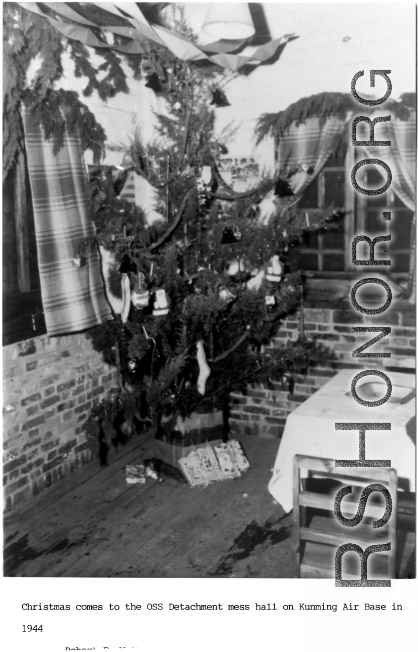 Christmas tree in OSS Detachment mess hall at Kunming air base in 1944.