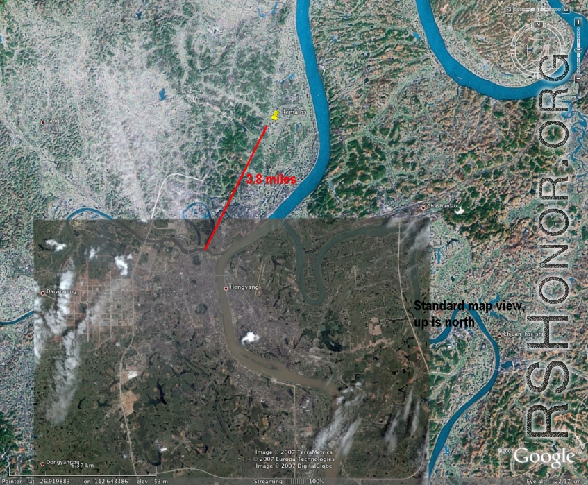 Map showing location of presumed U. S. serviceman's remains 3.8 miles north of Hengyang (at the yellow thumbtack).