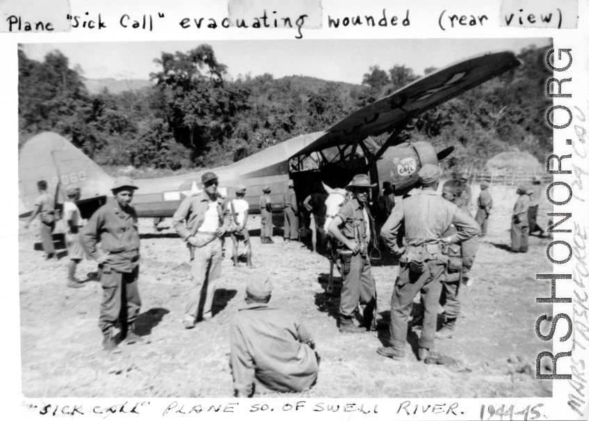 The L-1 Vigilant named "Sick Call" evacuating wounded Chinese and Indian troops. South of the Sweli River, 124th Calvary, Mars Task Force. 1944-45.  In the CBI during WWII.