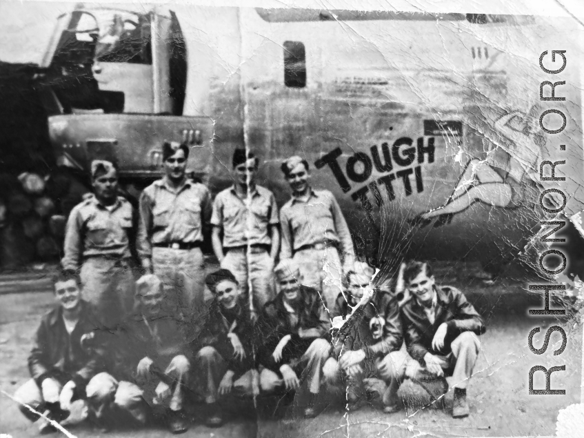 B-24 "Tough Titti" and Crew during WWII (likely inside a revetment in SW China):  L to R standing:   LT/ Kaestner;  Pilot  LT/ Apsega; Co-pilot  LT/ Crawford; Navigator  Lt/ Adelson; bombardier    Sitting L to R - Sergeants:  Mann; Gunner  Young; Gunner  Smith; Engineer  Jones; asst. Engineer  Luebers; radio Operator  Bartell, Donald J.; Armorer Gunner 