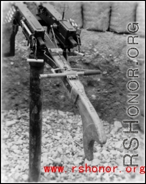 A mounted custom machine gun, with two barrels. In the CBI during WWII.