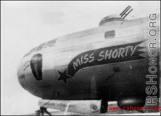 B-29 bomber "Miss Shorty" at American base in China, during WWII.