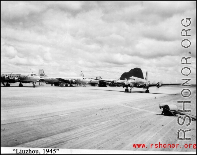 C-54 transport plane  on a runway at the American base at Liuzhou in 1945. Photos taken by Robert F. Riese in or around Liuzhou city, Guangxi province, China, in 1945.