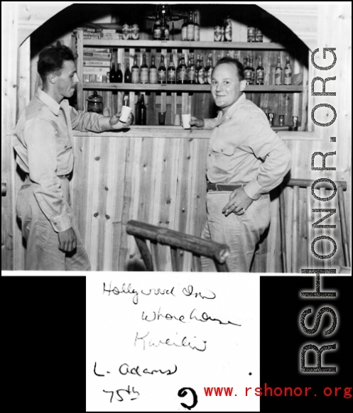 GIs at the "Hollywood Inn whorehouse in Kweilin (Guilin)" during WWII. "Adams" of the "75th" on the left.