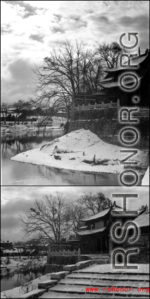 A building in the snow during WWII in China.