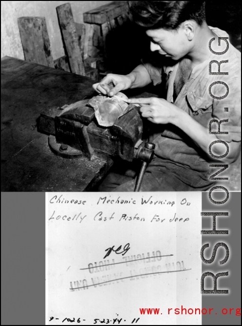 A Chinese mechanic working on a locally cast piston for a jeep.