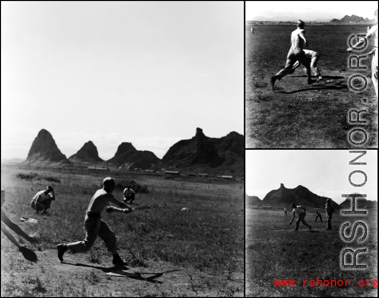 American GIs take part in baseball game in Guilin during WWII.  From the collection of Hal Geer.