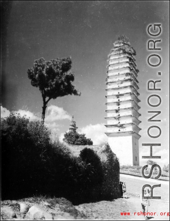 Pagoda in Dali, Yunnan province, China, during WWII. This is one of three pagodas within a single walled compound. The compound a had been appropriated for use by Nationalist troops. Later, after the communist revolution, the compound was also used by troops, but by PLA troops.