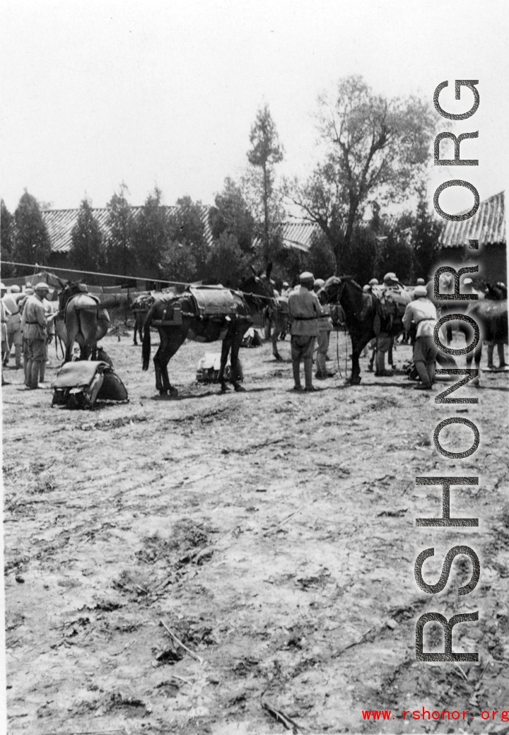 Mule train and nationalist soldiers in Yunnan, China, during WWII.