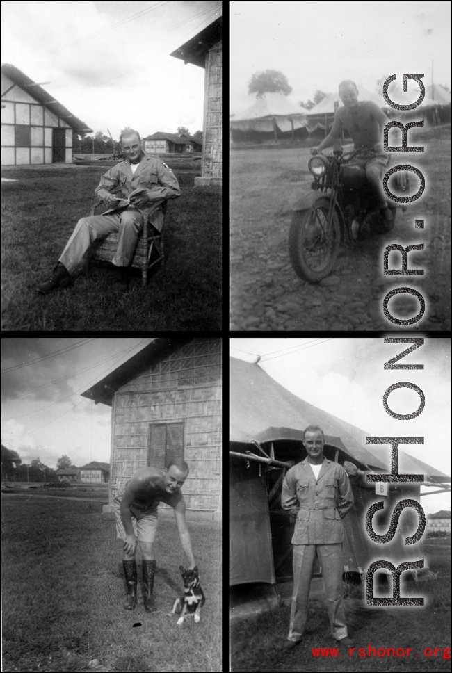 William Pribyl, 961st Petroleum Products Laboratory, in various poses in India: In front of tent, on motorcycle, reading a book, with a dog. During WWII.