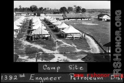 Camp site of the 1382nd Engineer Petroleum Distribution Company, possibly at Jorhat, India. During WWII.