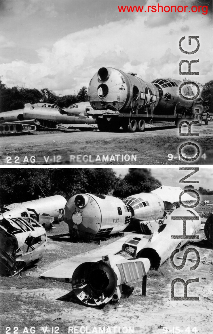 Salvage of damaged B-29 bomber parts in the CBI during WWII, September 15, 1944. "22 A G V-12 RECLAMATION."  Image from U. S. Government official sources.