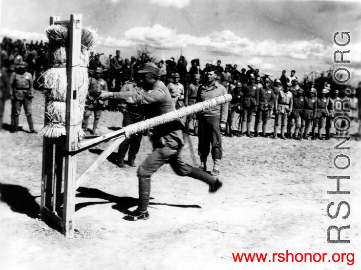 An American instructor working with Chinese troops on the bayonet during WWII.