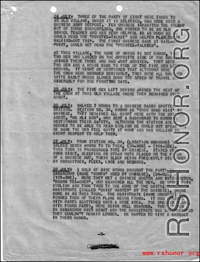 Page three of mission report for Squadron Mission No. 87, Group Mission No. 180, flown by Major H. S. Carswell and D. T. Francis, with crew of J. A. Prugh, A. M. Barnaby, S. D. May, E. W. Pacuch, J. J. Carbone, L. J. Davenport, C. J. King, and J. A. Garafalo. 22 July 1944.