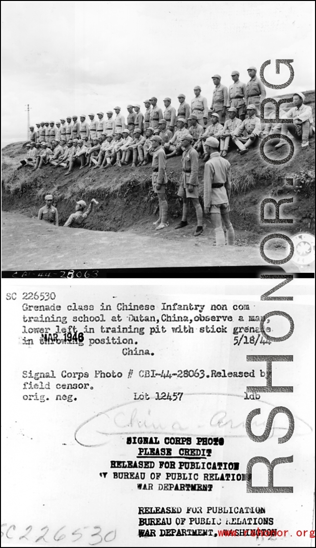 Grenade class in Chinese Infantry non com training school at Dutan, China, observe a man, lower left, in training pit with stick grenade in throwing position.  China. 18 May 1944