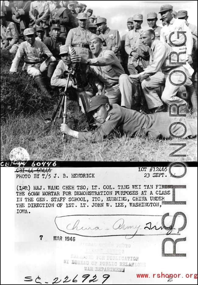 (L-R) Maj. Wang Cheh Tso, Lt. Col Tang Wei Tan firing the 60mm mortar for demonstration purposes at a class in the general staff school, ITC, Kunming, China, under the direction of 1st. Lt. John W. Lee, Washington, Iowa. 23 September 1944.