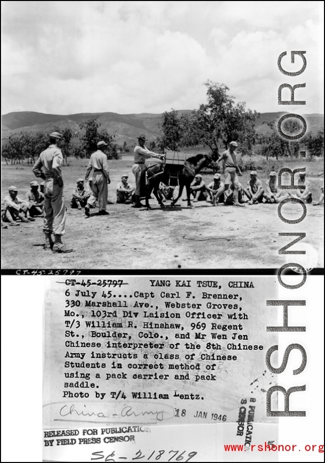 6 July 1954.... Capt Carl F. Benner, 330 Marshall Ave., Webster Groves, MO., 103rd Division Liaison Officer with T/3 William R. Hinshaw, 969 Regent St., Boulder, CO., and Mr. Wen Jen, Chinese interpreter of the 8th Chinese Army instructs a class of Chinese students in correct method of using a pack carrier and pack saddle.