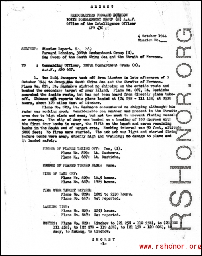 Report on group mission no. 269, Sea Sweep of South China Sea and the Strait of Formosa, 4 October 1944.