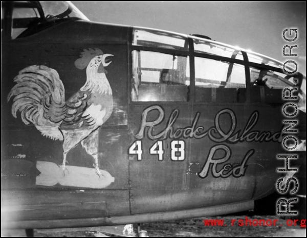 Nose are from B-25 #448 "Rhode Island Red".  From the collection of Wozniak, combat photographer for the 491st Bomb Squadron, in the CBI.