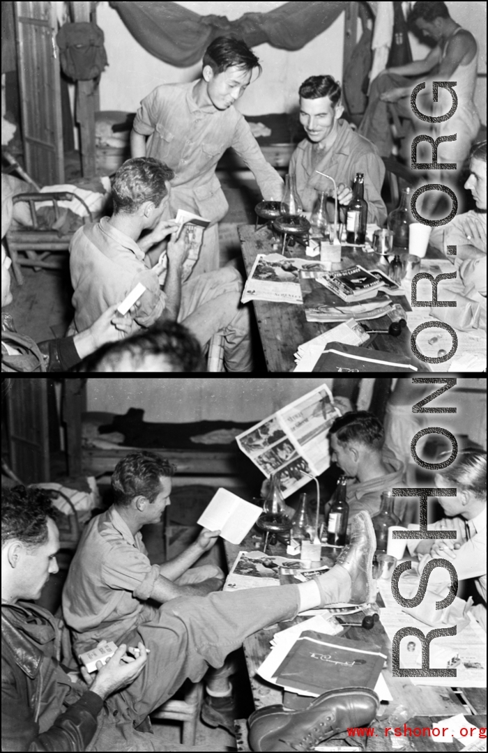 Barracks/hostel life for American servicemen, possibly at Yangkai base, Yunnan province, China.  From the collection of Wozniak, combat photographer for the 491st Bomb Squadron, in the CBI.