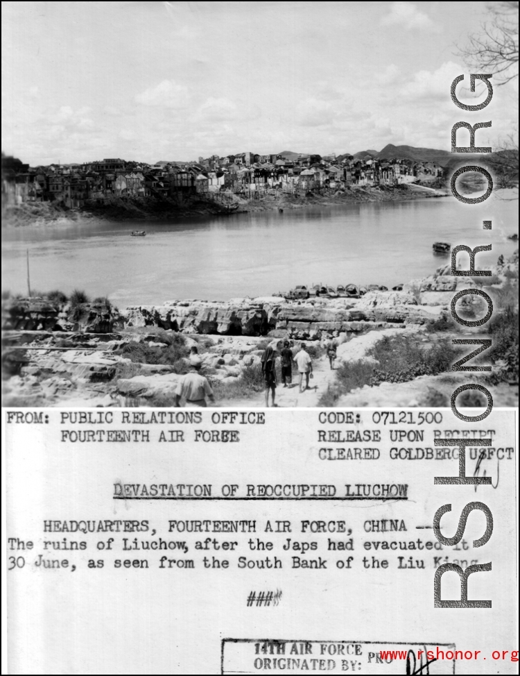 The ruins of Liuchow, after the Japanese had evacuated it 30 June, as seen from the South Bank of the Liu Kiang.