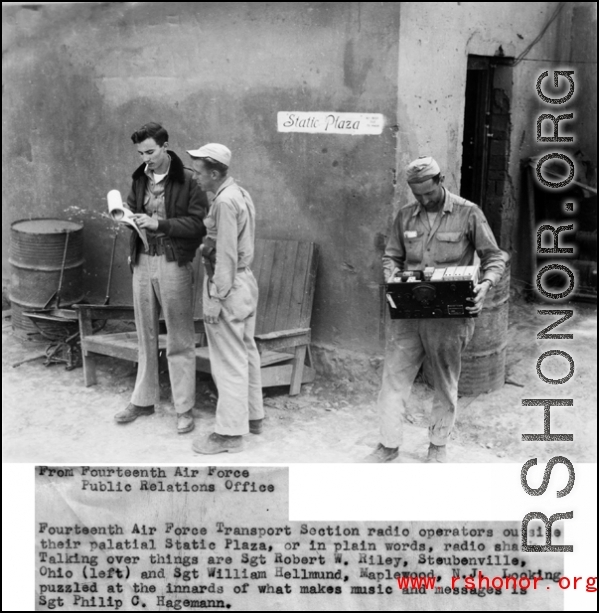 Fourteenth Air Force Transport Section radio operators outside their palatial Static Plaza, or in plain words, radio shack.