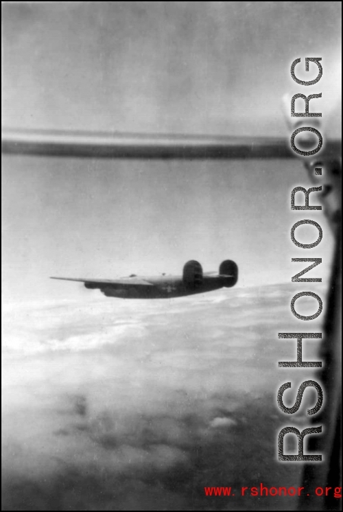 A B-24 bomber in the air in the CBI.   From the collection of Robert H. Zolbe.