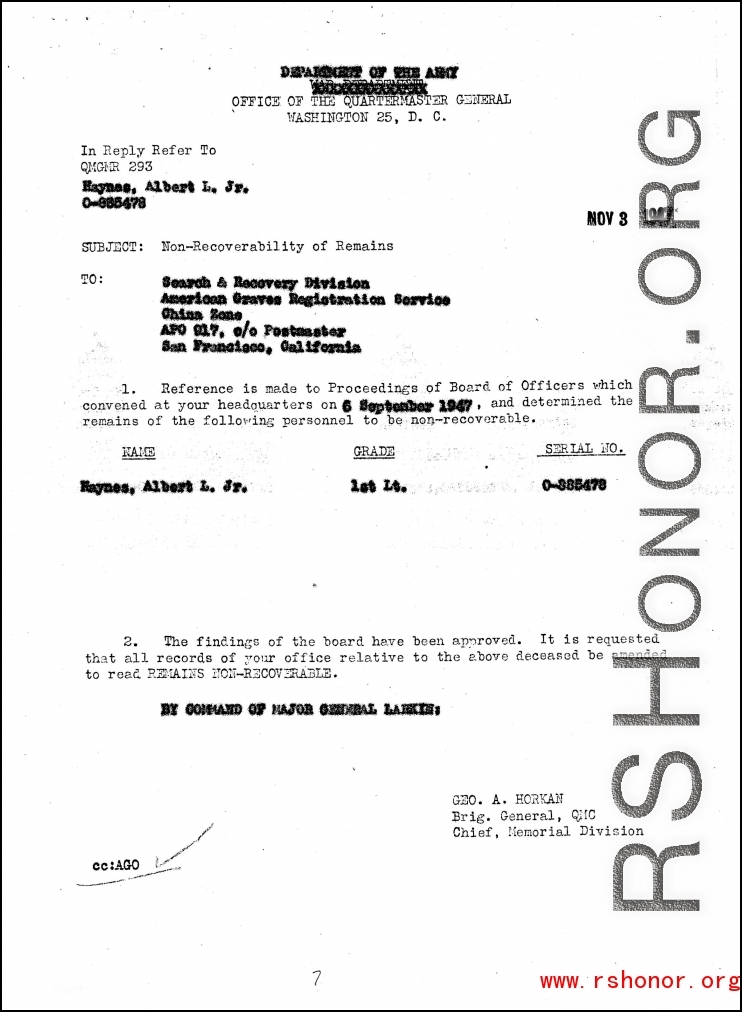 Individual Deceased Personnel File (IDPF) for Albert L. Haynes, MIA, China.