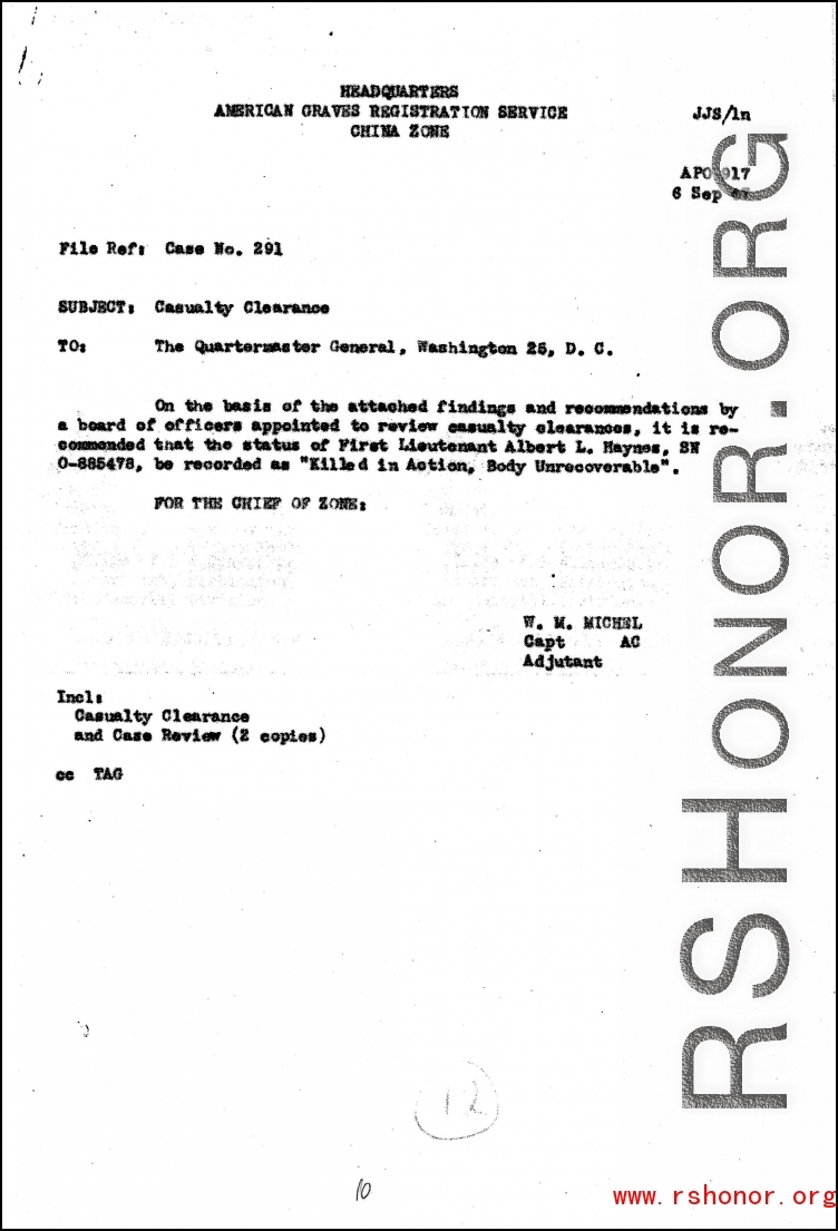 Individual Deceased Personnel File (IDPF) for Albert L. Haynes, MIA, China.