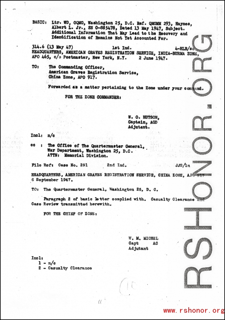 Individual Deceased Personnel File (IDPF) for Albert L. Haynes, MIA, China.