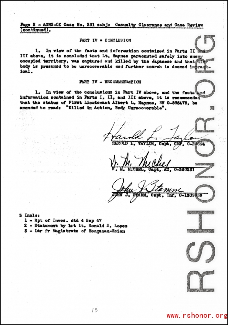 Individual Deceased Personnel File (IDPF) for Albert L. Haynes, MIA, China.