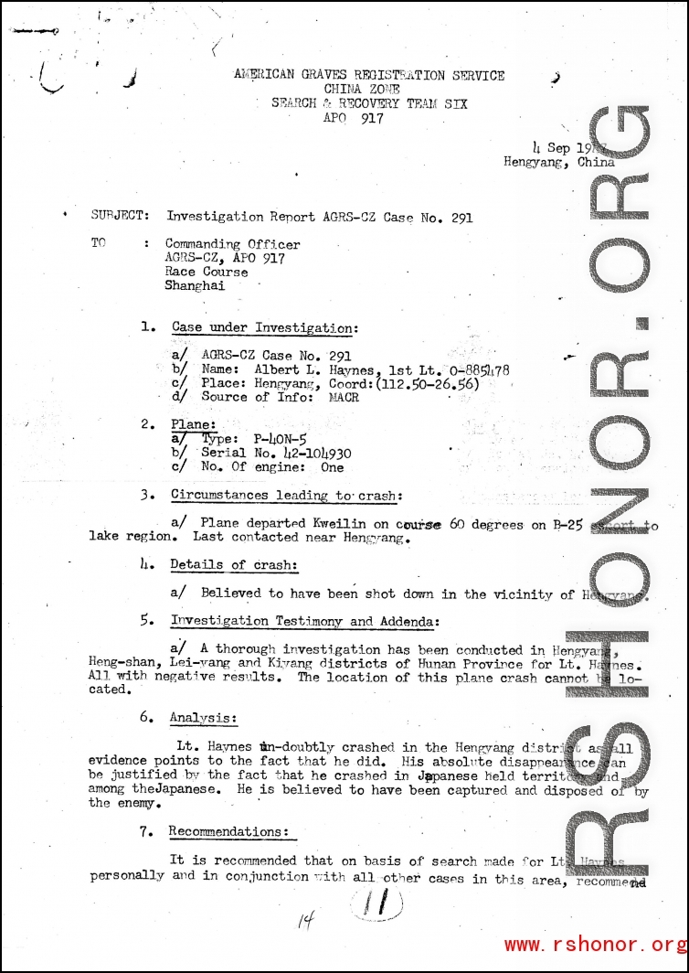 Individual Deceased Personnel File (IDPF) for Albert L. Haynes, MIA, China.