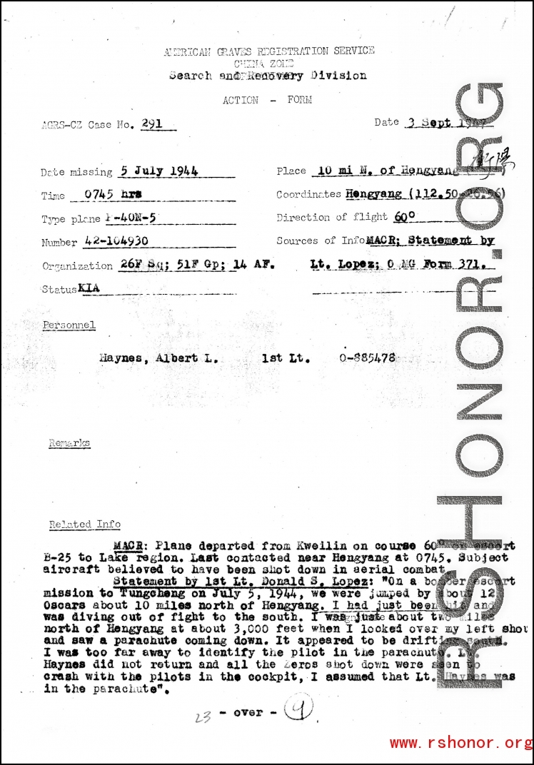 Individual Deceased Personnel File (IDPF) for Albert L. Haynes, MIA, China.