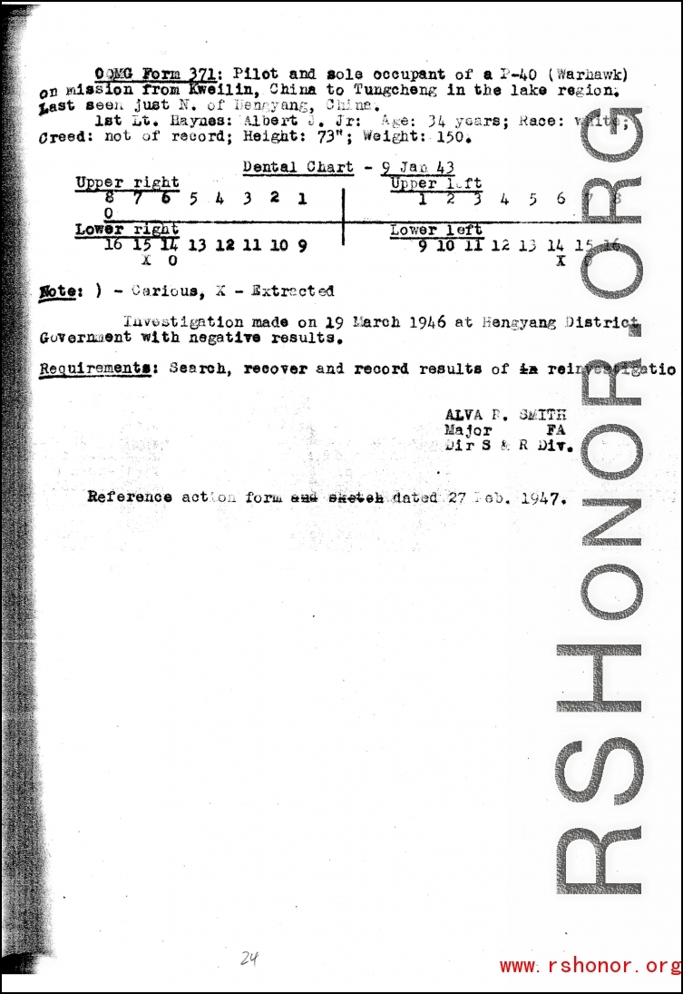 Individual Deceased Personnel File (IDPF) for Albert L. Haynes, MIA, China.