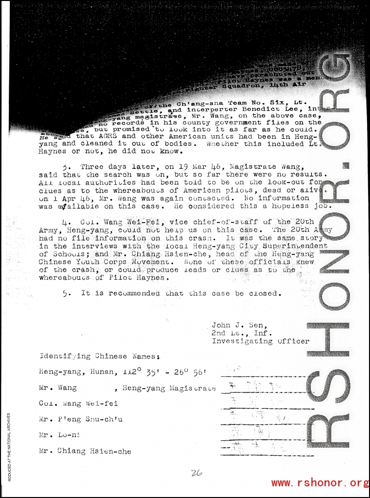 Individual Deceased Personnel File (IDPF) for Albert L. Haynes, MIA, China.