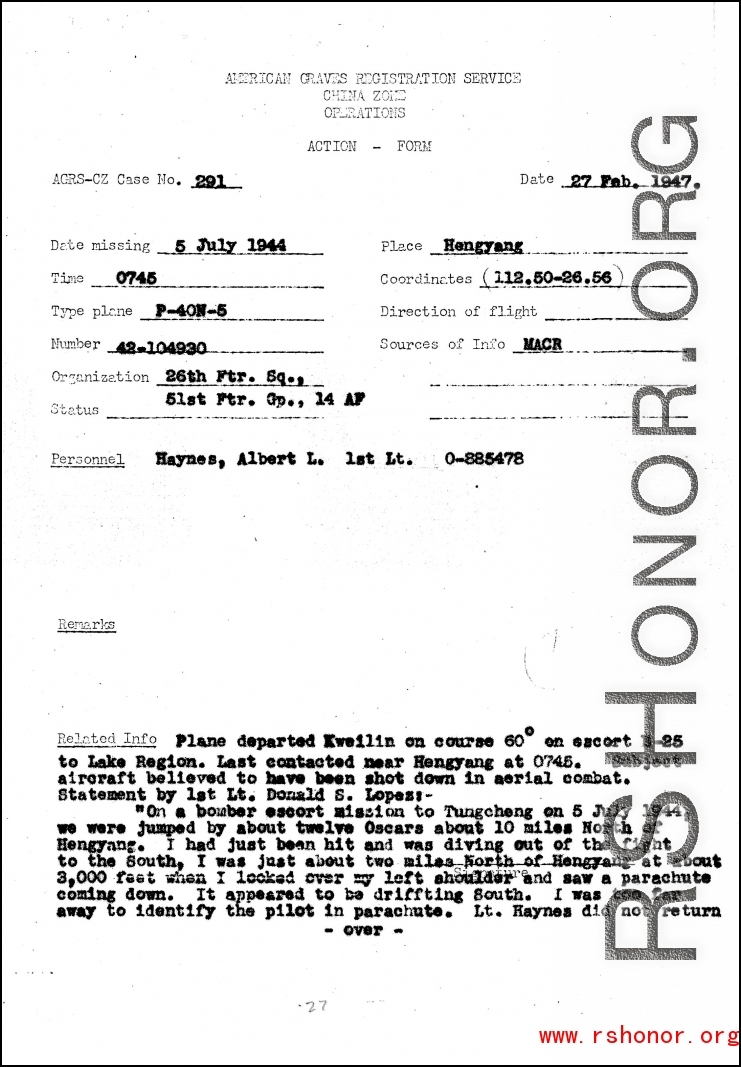 Individual Deceased Personnel File (IDPF) for Albert L. Haynes, MIA, China.