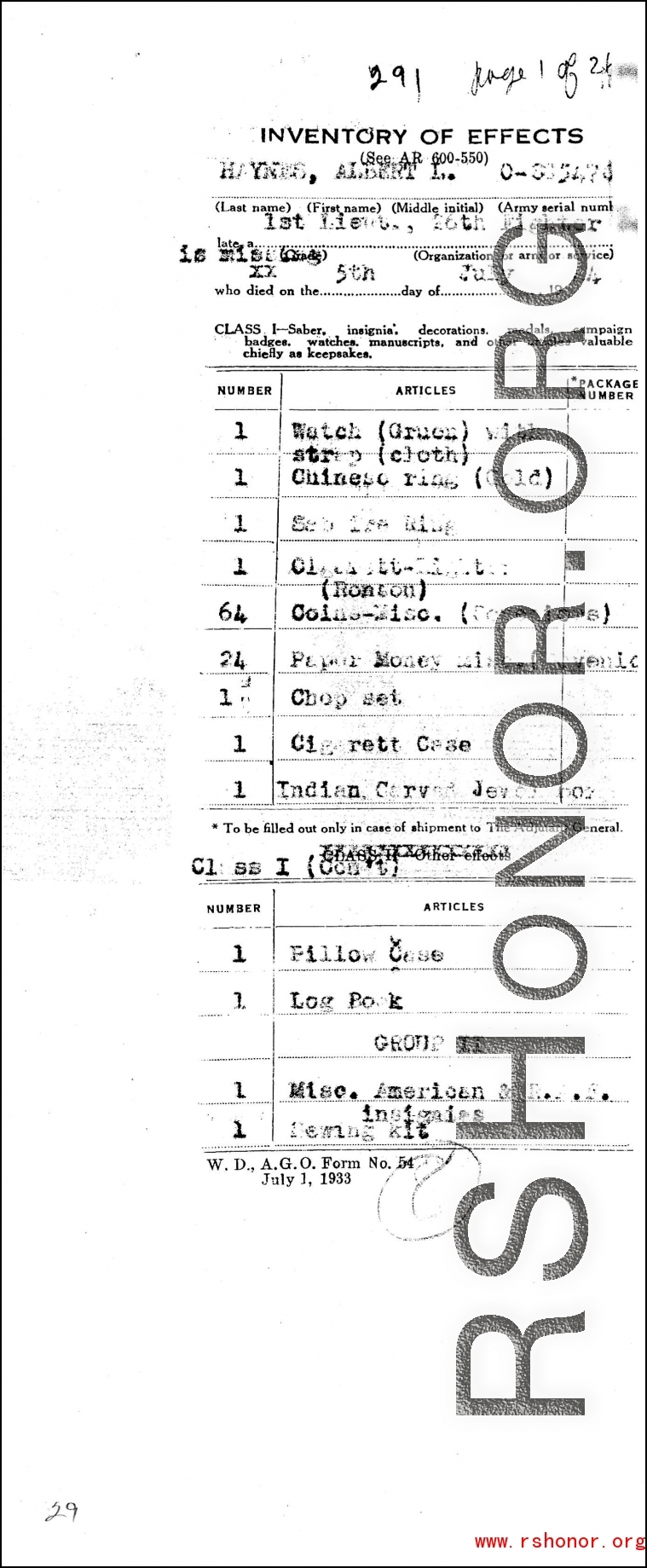 Individual Deceased Personnel File (IDPF) for Albert L. Haynes, MIA, China.