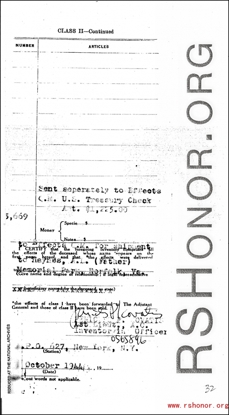 Individual Deceased Personnel File (IDPF) for Albert L. Haynes, MIA, China.