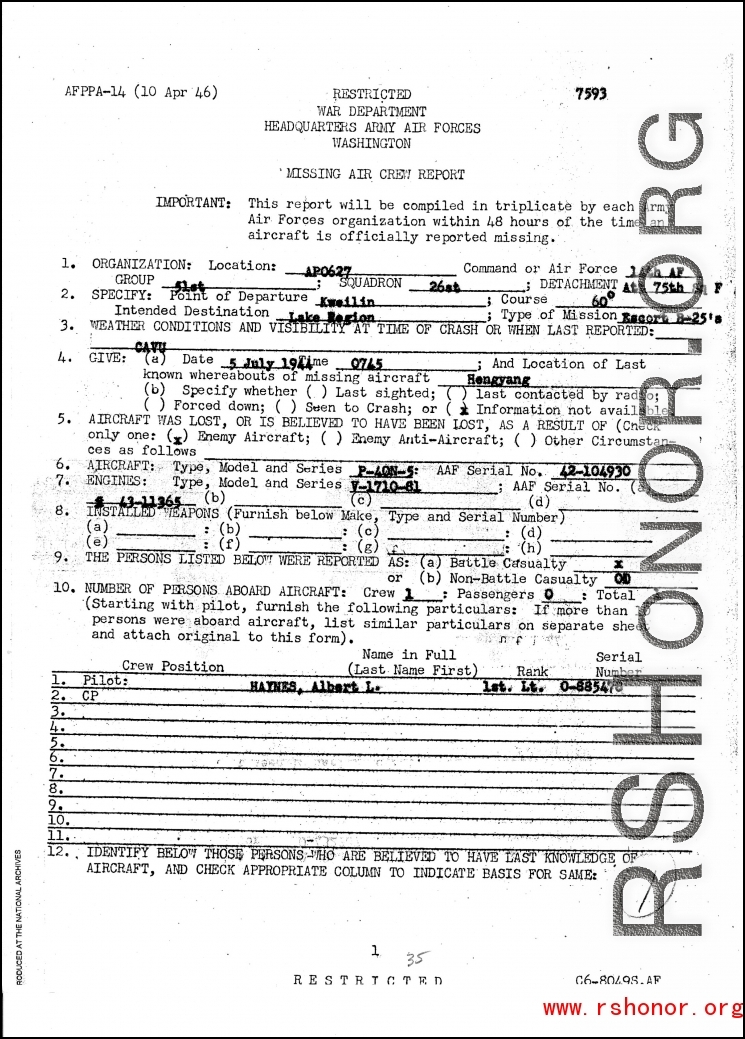 Individual Deceased Personnel File (IDPF) for Albert L. Haynes, MIA, China.