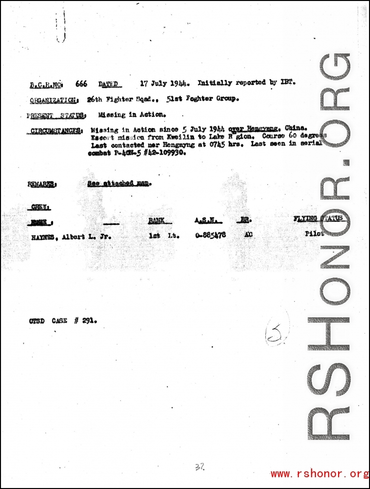 Individual Deceased Personnel File (IDPF) for Albert L. Haynes, MIA, China.