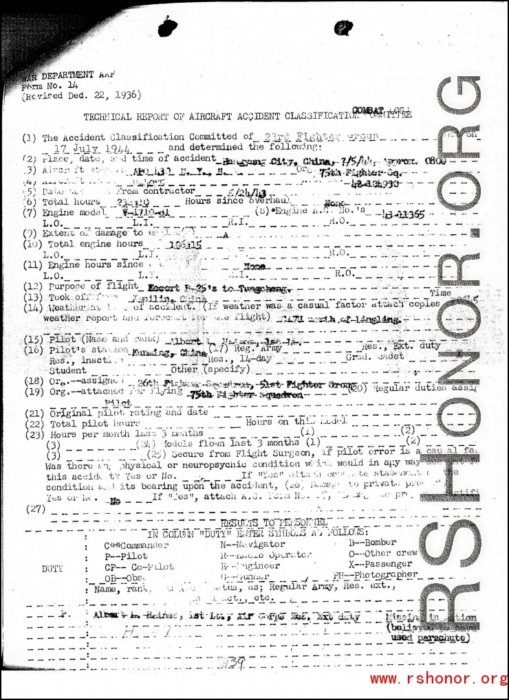 Individual Deceased Personnel File (IDPF) for Albert L. Haynes, MIA, China.